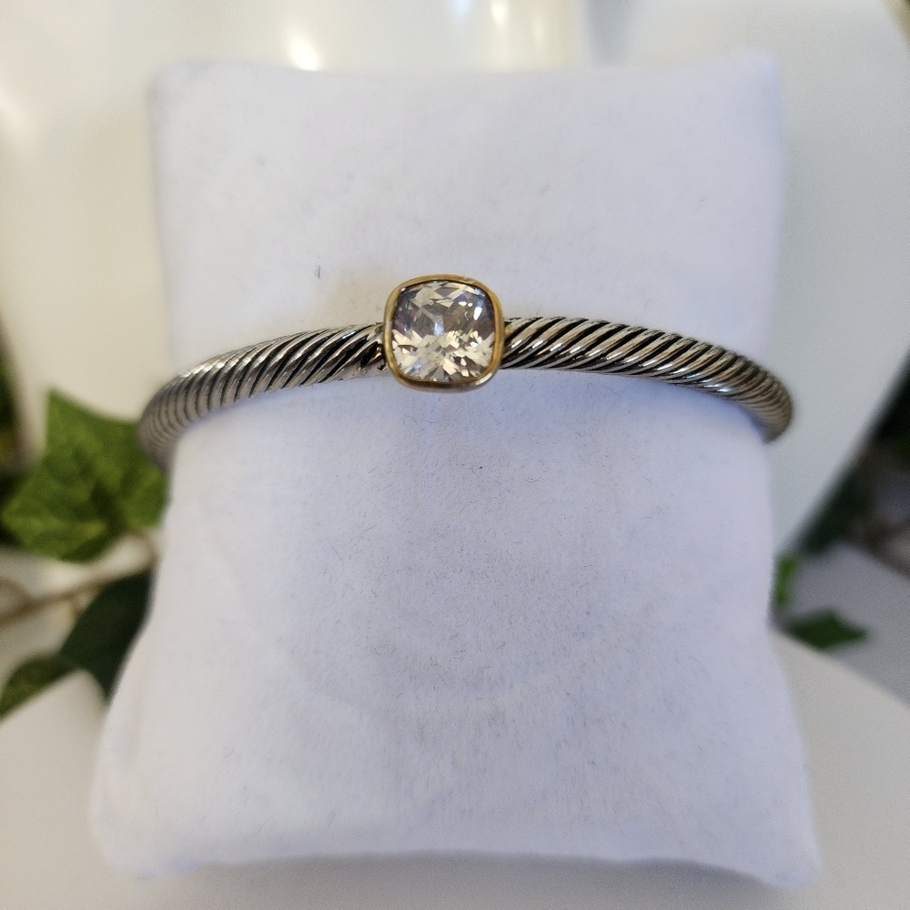 Classic Cable Bracelet Open Cuff with Clear Crystal Stone